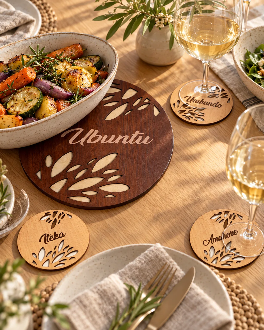 Une table dressée : un plat sur le sous-plat Ubuntu, des verres sur les sous-verres
