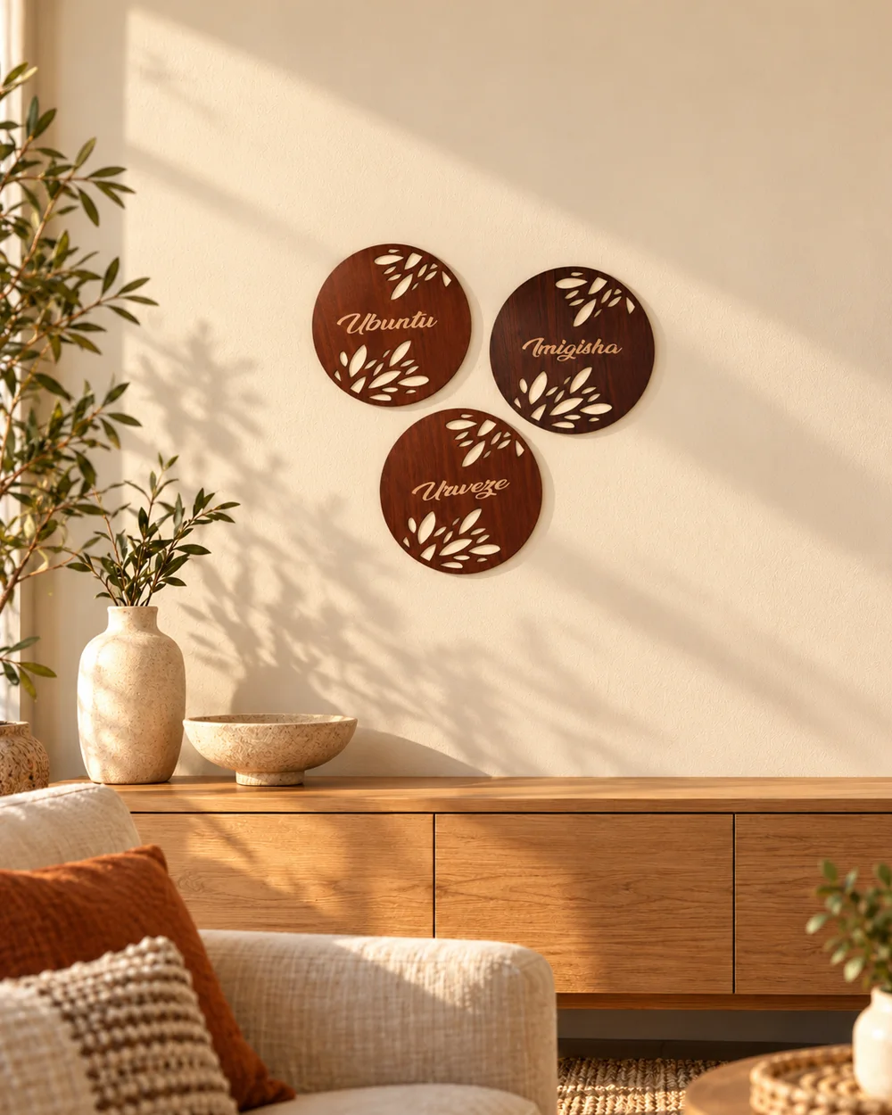 Trois mots au-dessus d'un meuble en bois, dans un salon lumineux