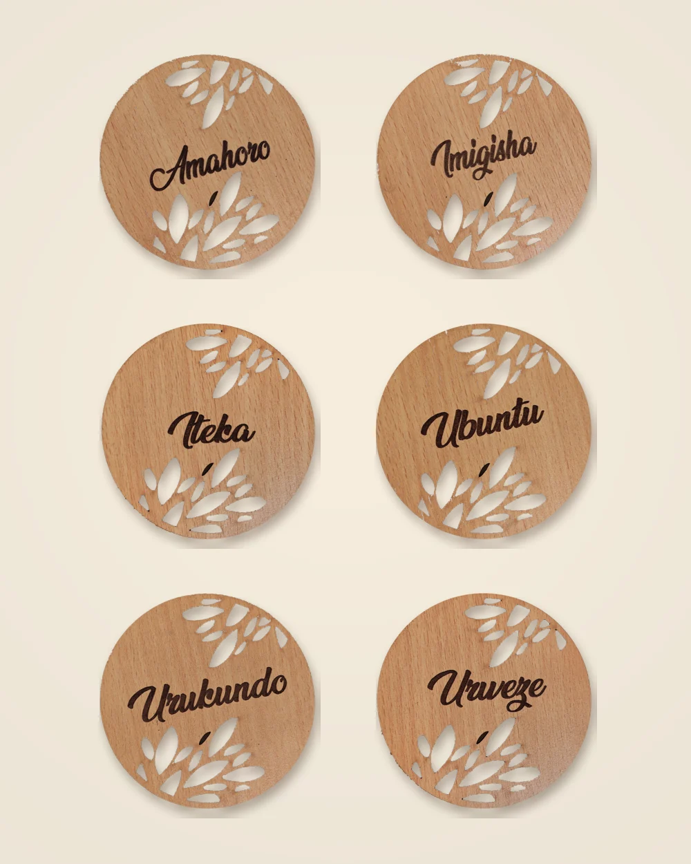 Les six sous-verres : Amahoro, Imigisha, Iteka, Ubuntu, Urukundo, Urweze